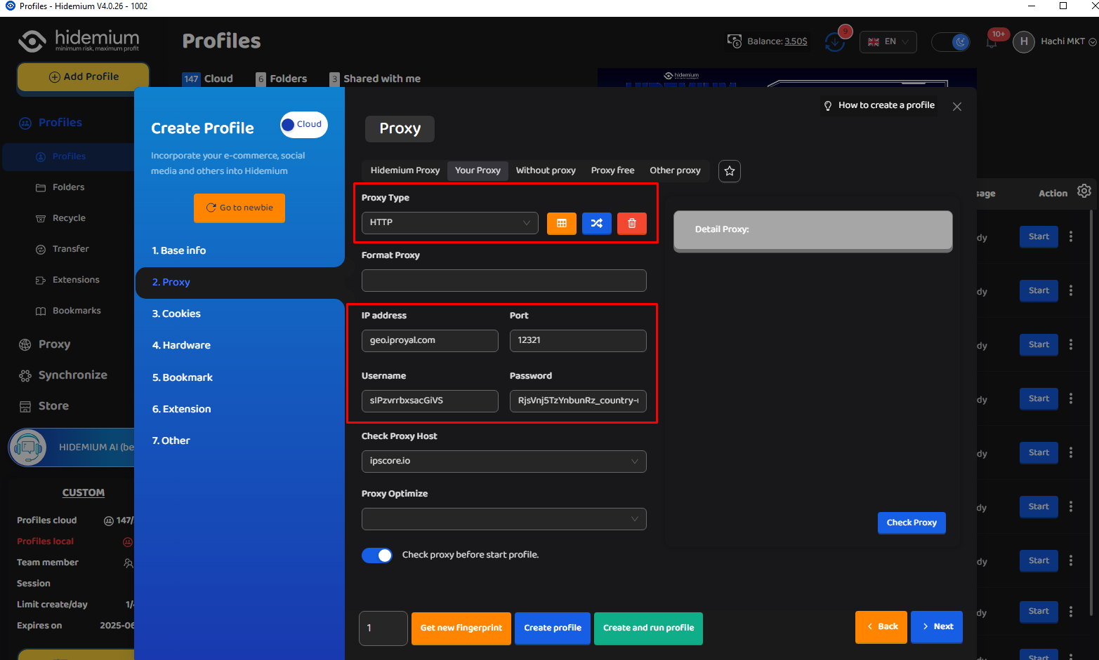 7. At your Proxy, you choose Proxy Type as HTTP|HTTPS, then fill in the parameters in Proxy as the IP parameters Royal provided
